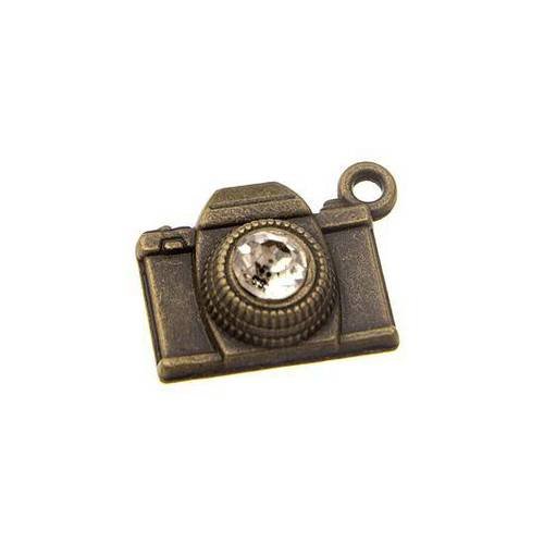 Breloque appareil photo avec strass, métal couleur bronze, vendu à l'unité (756)