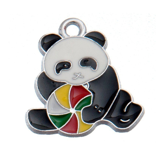 Breloque panda et ballon, 25x23 mm, métal argenté et émail, vendu à l'unité (717)