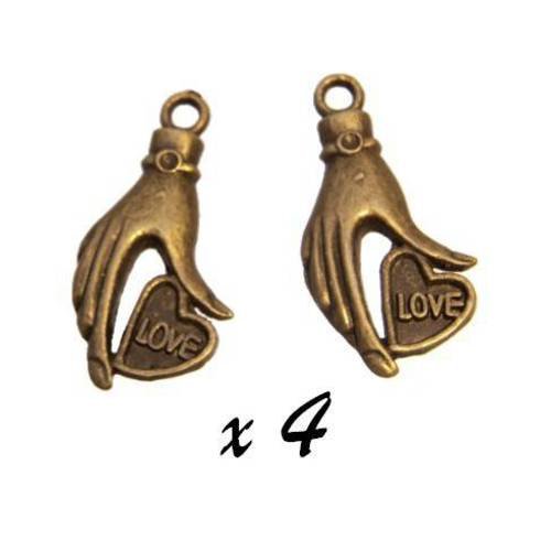 Breloque main coeur bronze (x4) pendentif métal brag-677 
