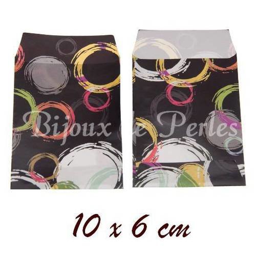 10 x pochette papier glacé cadeaux emco-13 ♥ fond noir et cercles de couleur ♥ 