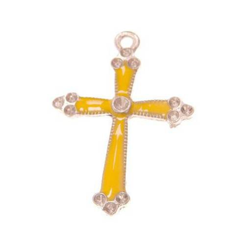 Breloque croix jaune breloque métal argenté et émail 
