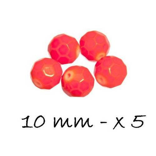 Perle verre ronde 10mm facette orange foncé opaque x5 . peve-18 