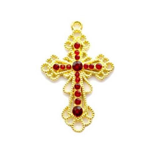Pendentif grande croix strass rouge 55 mm métal doré 