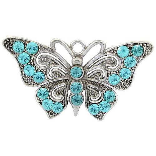 1 pendentif papillon strass turquoise et métal argenté 