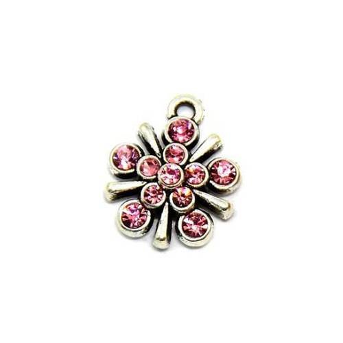 1 pendentif fleur strass rose et métal argenté 
