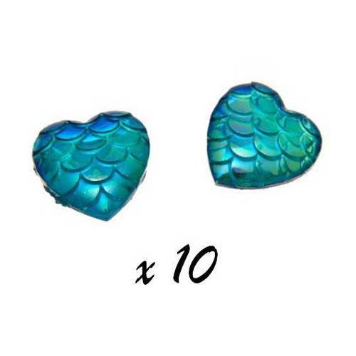 10 x cabochon coeur bleu turquoise écailles résine acrylique 