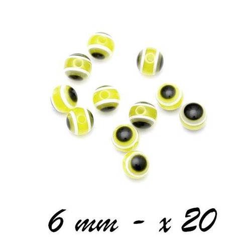 20 x perle ronde 6mm résine acrylique rayures jaune 