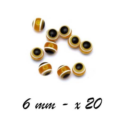 20 x perle ronde 6mm résine acrylique rayures marron 
