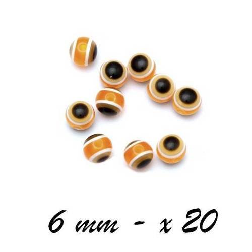 20 x perle ronde 6mm résine acrylique rayures orange 