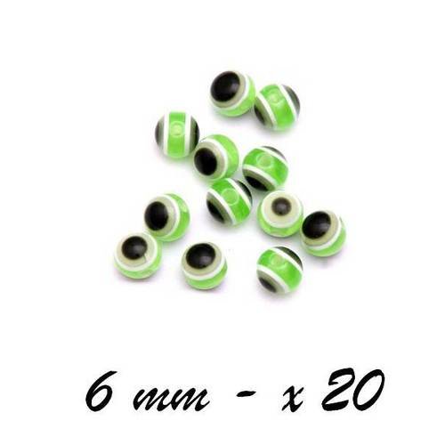 20 x perle ronde 6mm résine acrylique rayures vert 