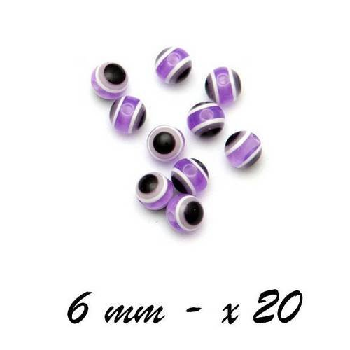 20 x perle ronde 6mm résine acrylique rayures parme violet 