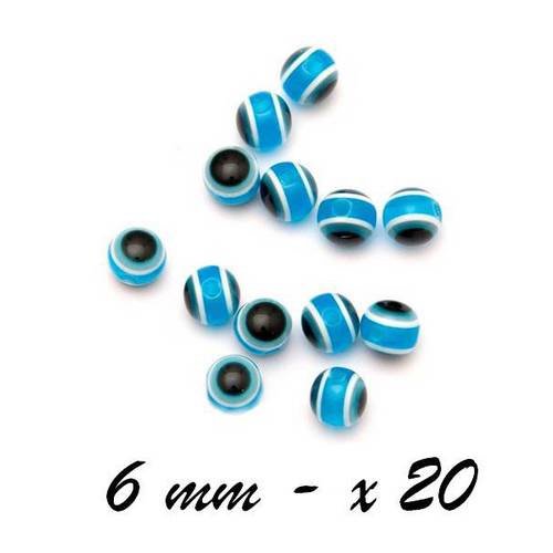 20 x perle ronde 6mm résine acrylique rayures bleu turquoise 