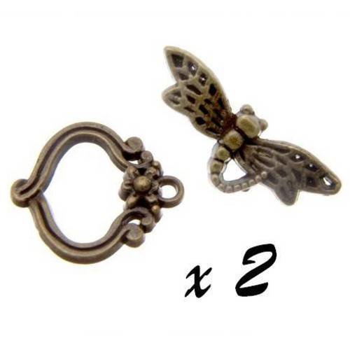 2 x toggle fleur et libellule fermoir métal couleur bronze feto-64 