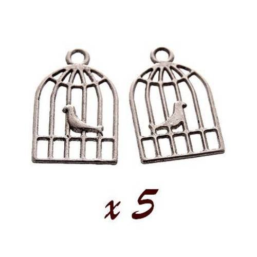 5 x cage à oiseau breloque pendentif métal argenté brag-457 