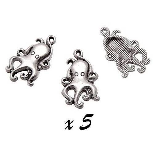 Breloque pieuvre argenté (x5) pendentif métal brag-696 