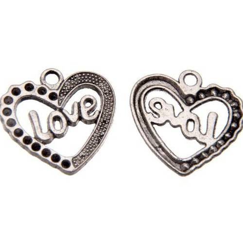 2 x breloque coeur "love" 25mm pendentif métal argenté 