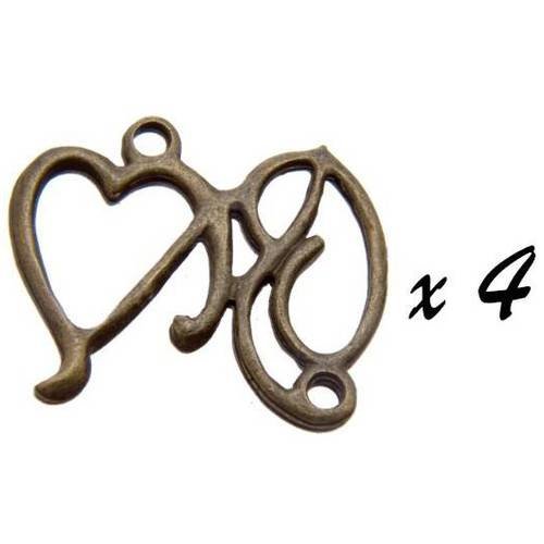4 x breloque connecteur coeur pendentif métal couleur bronze 