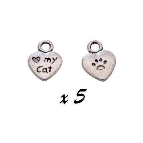 5 breloque coeur "my cat" pendentif métal argenté 