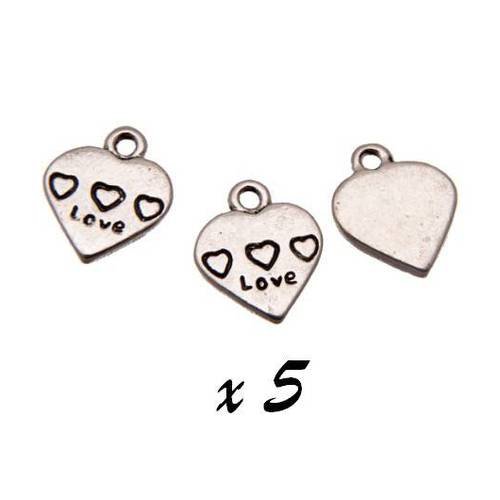 5 breloque coeur "love" pendentif métal argenté 