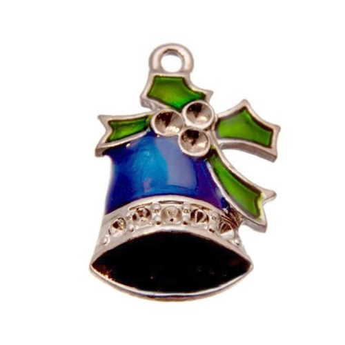 Breloque cloche bleue et feuille de houx noël, 31 x 20 mm, métal argenté et émail, vendu à l'unité (787)