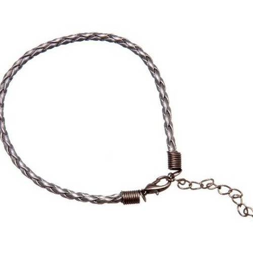 Bracelet cordon tressé simili cuir 18cm argenté
