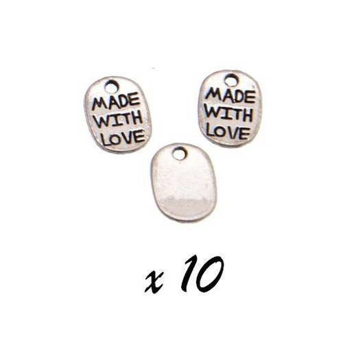 10 x breloques tag étiquette "made with love" métal argenté brag-304 