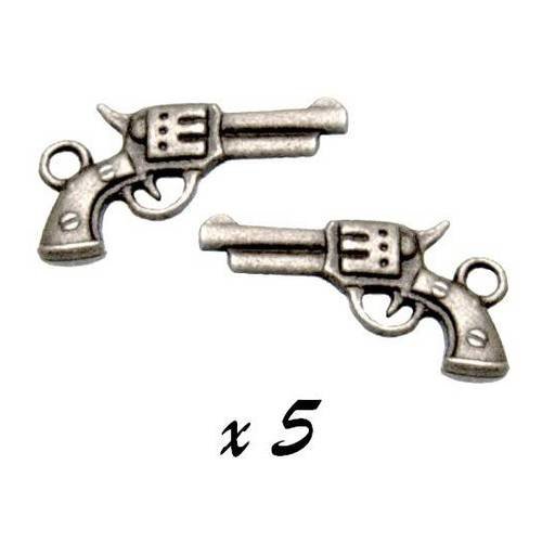 5 breloques pistolet arme revolver métal argenté brag-347 