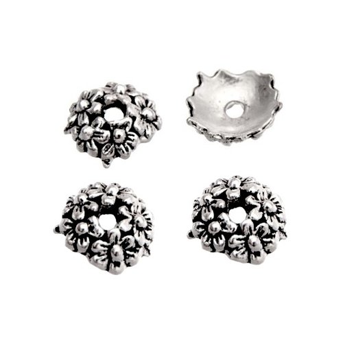Coupelle calotte , 10 mm, motif fleur, lot de 6, métal argenté (10)