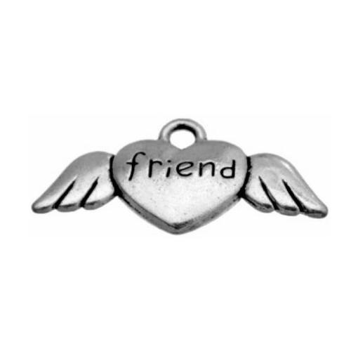 Breloque coeur avec ailes et inscription "friend", métal argenté, vendu à l'unité (1006)