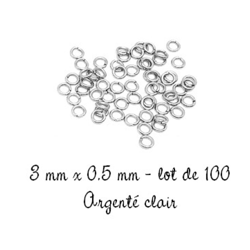 100 anneaux de jonction ouverts 3 mm métal argenté clair