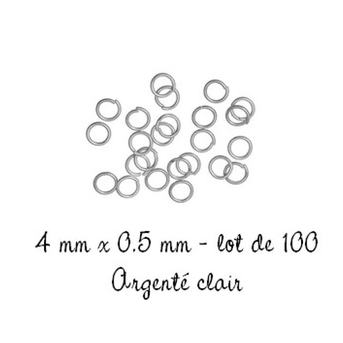 100 anneaux de jonction ouverts 4 mm, épaisseur 0,5 mm, métal argenté clair