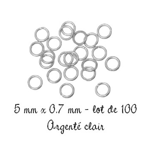 100 anneaux de jonction ouverts 5 mm, épaisseur 0,7 mm, métal argenté clair