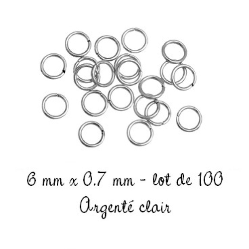 100 anneaux de jonction ouverts 6 mm, épaisseur 0,7 mm, métal argenté clair