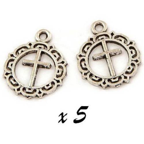 5 breloques rondes motif croix pendentif métal argenté brag-196 