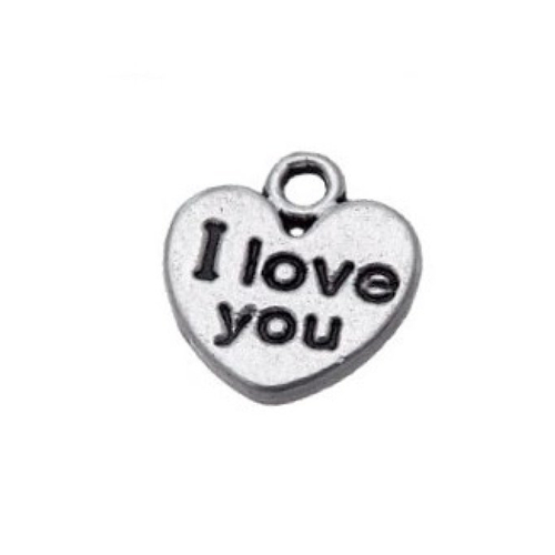 Breloque coeur "i love you", métal argenté, vendu à l'unité (995)