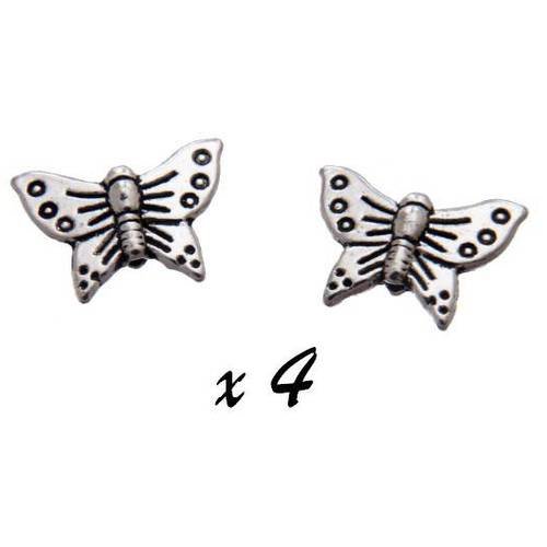 4 x perles intercalaires papillons métal argenté 