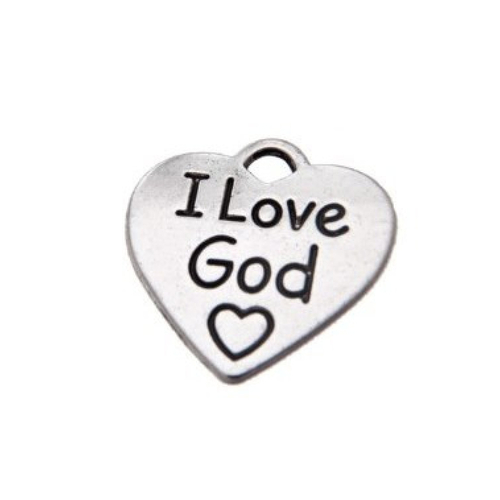 Breloques coeur "i love god", métal argenté, vendu à l'unité (992)