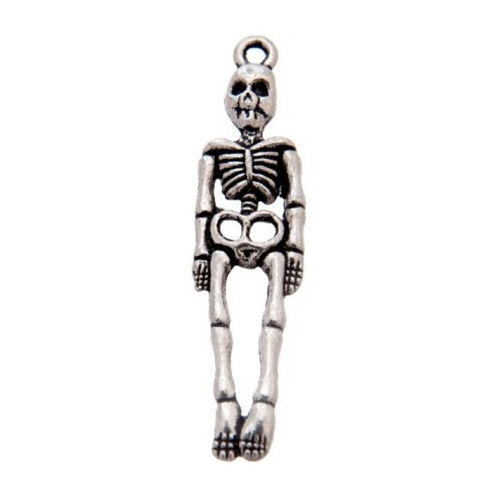 Breloque  squelette halloween, 39 x 9 mm, métal argenté, 2 par lot (986)