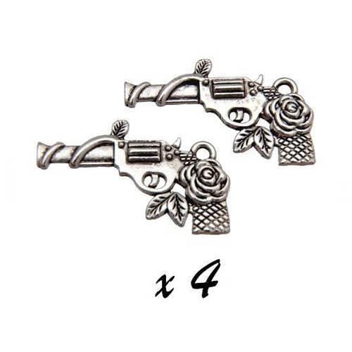 4 x breloque pistolet revolver motif rose pendentif  métal argenté brag-348 