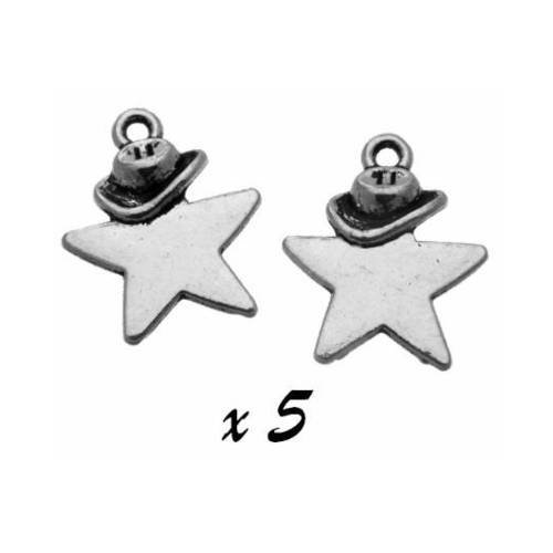 5 breloques pendentifs étoile et chapeau métal argenté brag-446 
