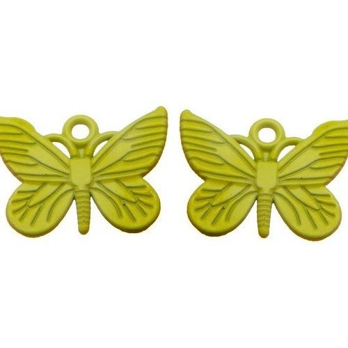 Pendentif papillon métal coloré jaune fluo, lot de 2  