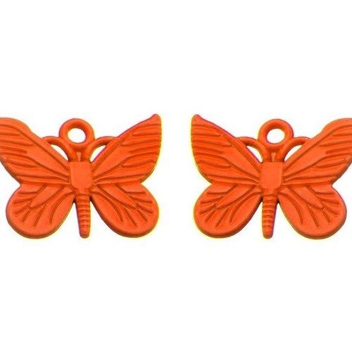 Pendentif papillon métal coloré orange fluo, lot de 2  
