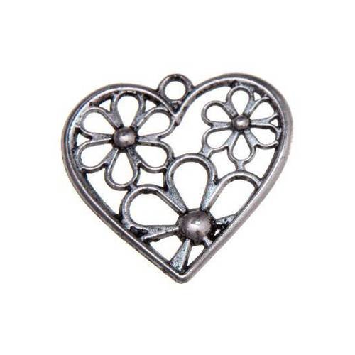 Pendentif coeur motif fleur breloque métal argenté 