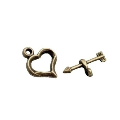 Fermoir toggle coeur et flèche, métal couleur bronze, vendu à l'unité (t01)