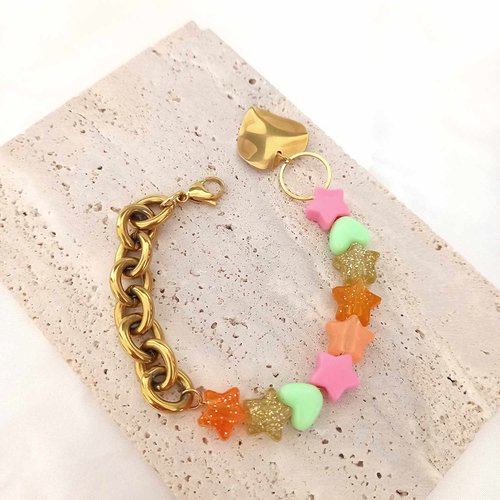 Bracelet perles coeurs et étoiles multicolores pailletées chaîne et coeur  en acier inoxydable doré bracelet original femme idée cadeau - Un grand  marché