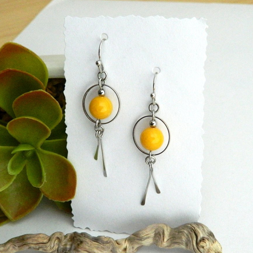 Boucles d'oreilles perle jaune, originales, acier inoxydable