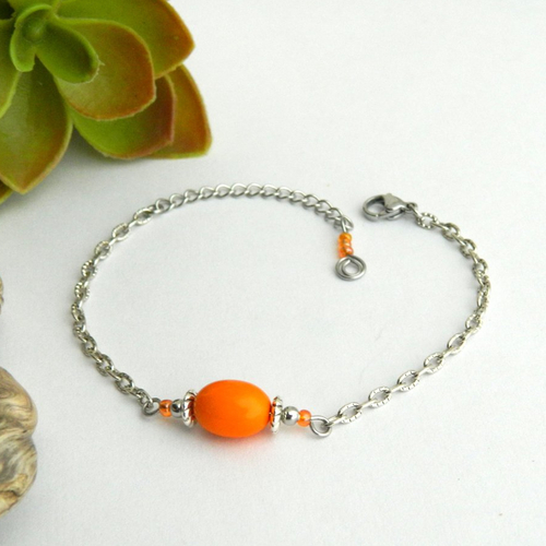 Bracelet perle orange, chaîne argentée, idée cadeau