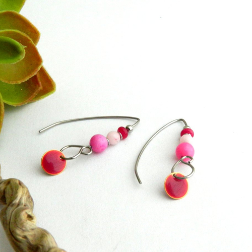 Boucles d'oreilles en acier inoxydable, perles pierre fines rose