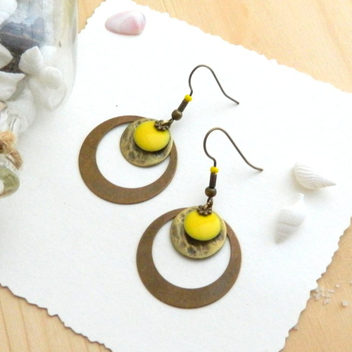 Boucles d'oreilles rondes jaune et bronze