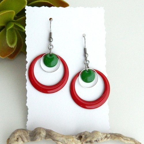 Boucles d'oreilles anneaux rouge foncé et vert sapin